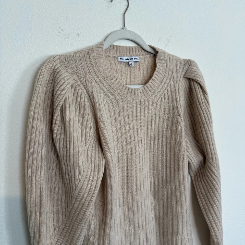 The Cashmere Project Cream Pullover Sweater Large Ribbed Crewneck Puff Sleeve - Picture 2 of 6